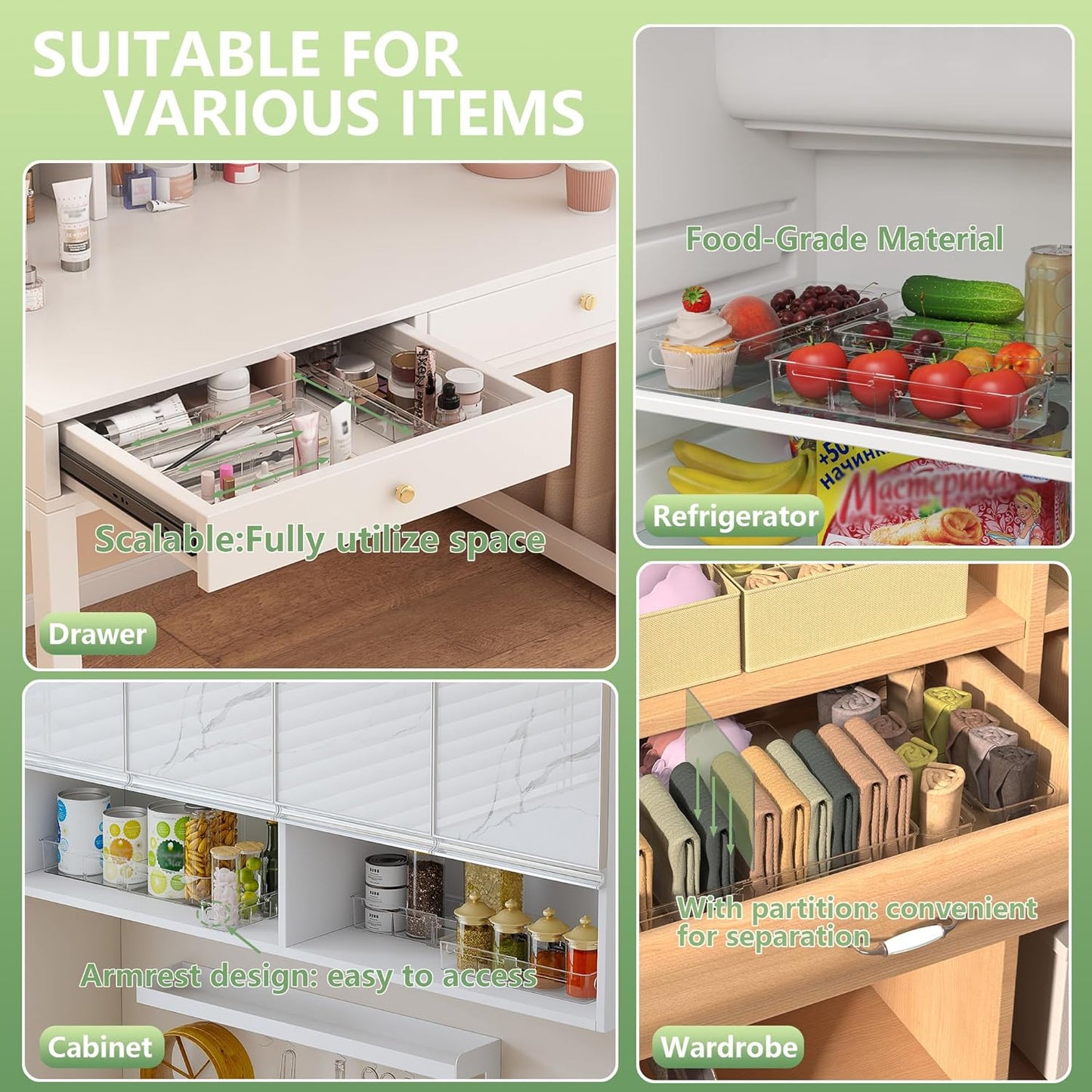 BLULEE Adjustable Clear Drawer Organizers, Expandable Bathroom Drawer Organizer Bins with Dividers, Versatile Makeup Organizer for Drawer, Plastic Desk Drawer Organizer (4 Pcs)
