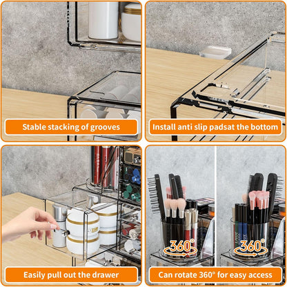 Clear Acrylic Makeup Organizers for Vanity,Countertop,3 Pack Make up Drawer Organizer With Makeup Brush Holder,Plastic Skincare Organizers for Hair Accessories,Beauty,Hair Products,Bathroom,Dresser
