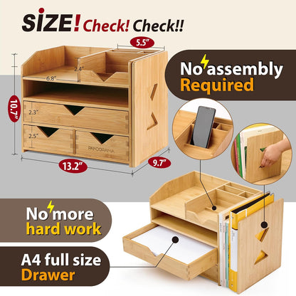 Pandorama Bamboo Desk Organizer Large - A4 Drawers & Adjustable File Holder, Fully Assembled Wood Desktop Storage for Kitchen, Bedroom, Bathroom, Study Room