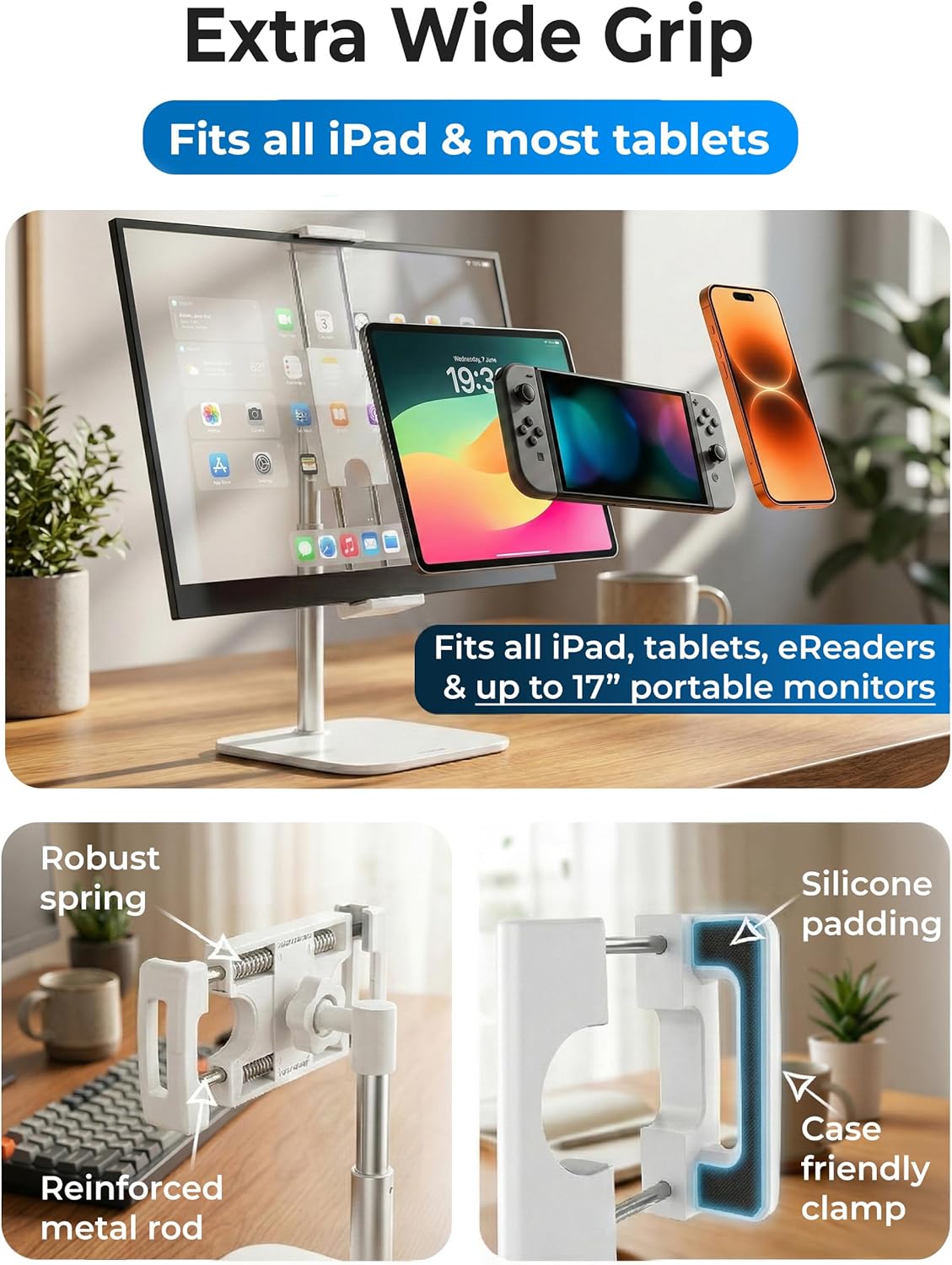 COOPER TabStand, 20" Tall iPad Stand for Desk, Portable Monitor Holder up to 17" Holds 4.4lb, Desktop Tablet Stand, Tablet Mount, Apple iPad Holder for Desk, for Samsung, Kindle, Fire (Night Black)
