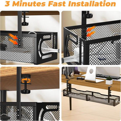 Under Desk Cable Management Tray, 15.7'' No Drill Steel Desk Cable Organizers, Wire Management Tray Cable Management Rack (1 Pack-Black)