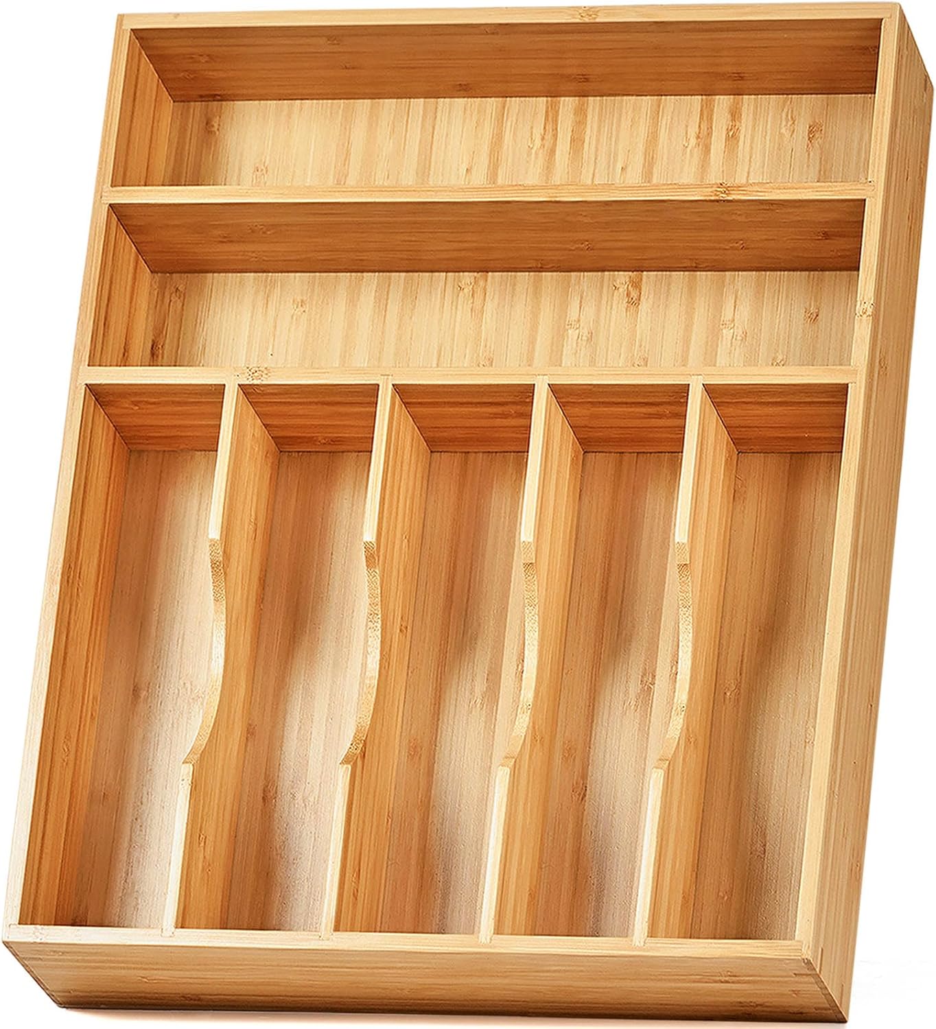 Umilife Bamboo Kitchen Drawer Organizer, 13 Inch Silverware Utensil Tray Holder, Extra Deep Grooved Drawer Divider, 7 Slots Total Bamboo Wood Caddy for Flatware Cutlery Knives, Forks, Spoons