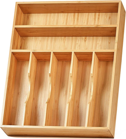 Umilife Bamboo Kitchen Drawer Organizer, 13 Inch Silverware Utensil Tray Holder, Extra Deep Grooved Drawer Divider, 7 Slots Total Bamboo Wood Caddy for Flatware Cutlery Knives, Forks, Spoons