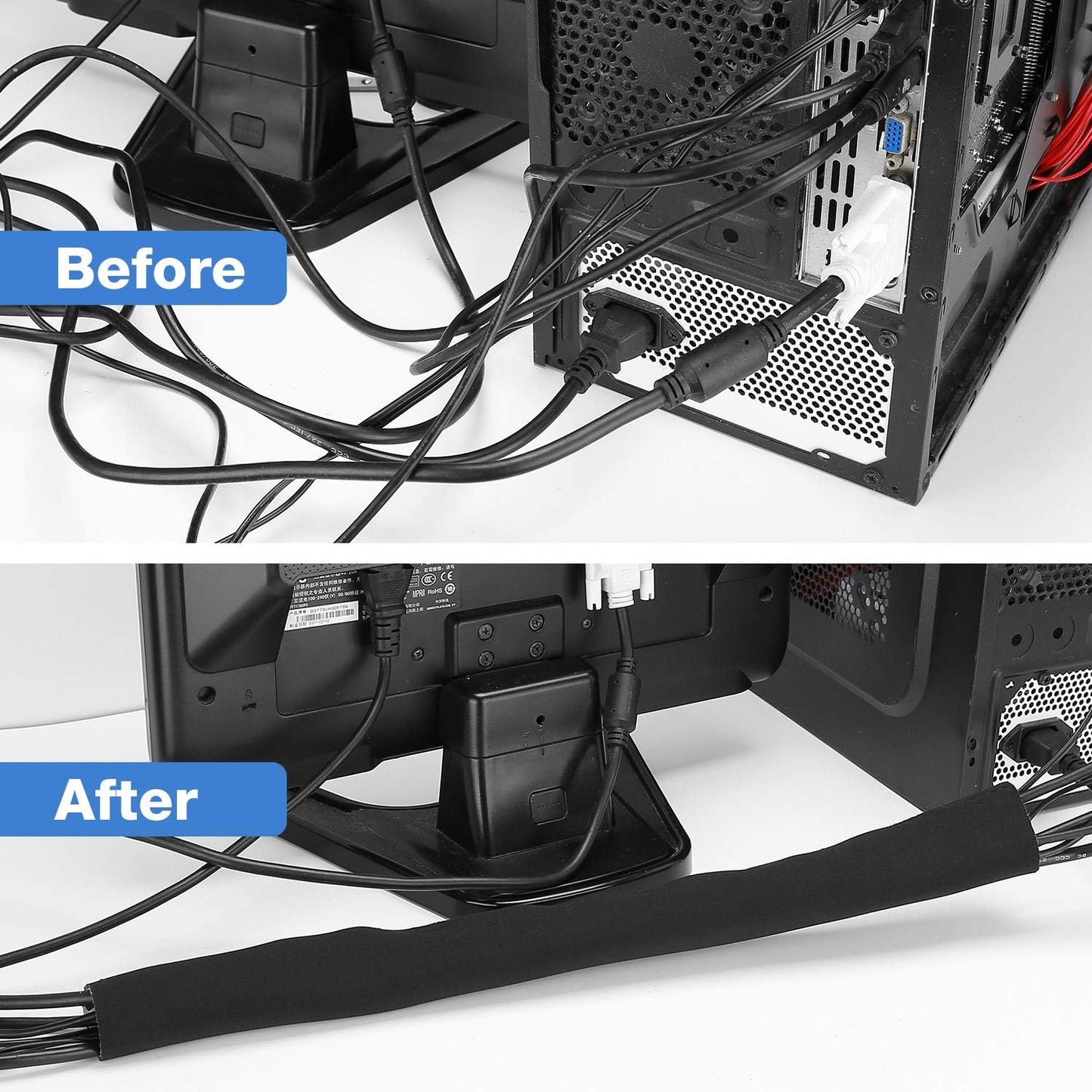 JOTO 4 Pack Cable Management Sleeve, 19-20 Inches Cord Organizer System with Zipper for TV Computer Office Home Entertainment, Flexible Cable Sleeve Wrap Cover Wire Hider System -Black