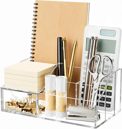 HBlife Acrylic Desk Organizer with 6 Compartments, Pen & Pencil Holder, Clear Multifunctional Desktop Caddy for Office Supply and Organization