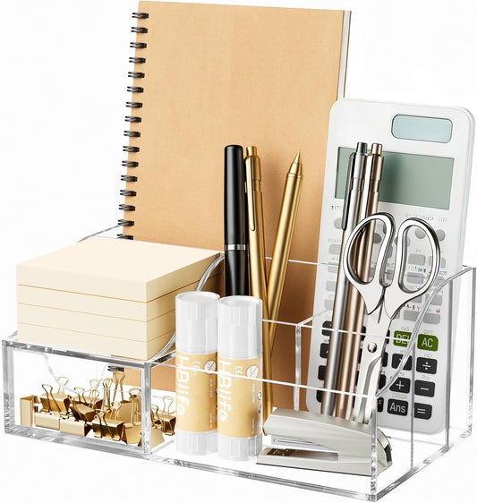HBlife Acrylic Desk Organizer with 6 Compartments, Pen & Pencil Holder, Clear Multifunctional Desktop Caddy for Office Supply and Organization