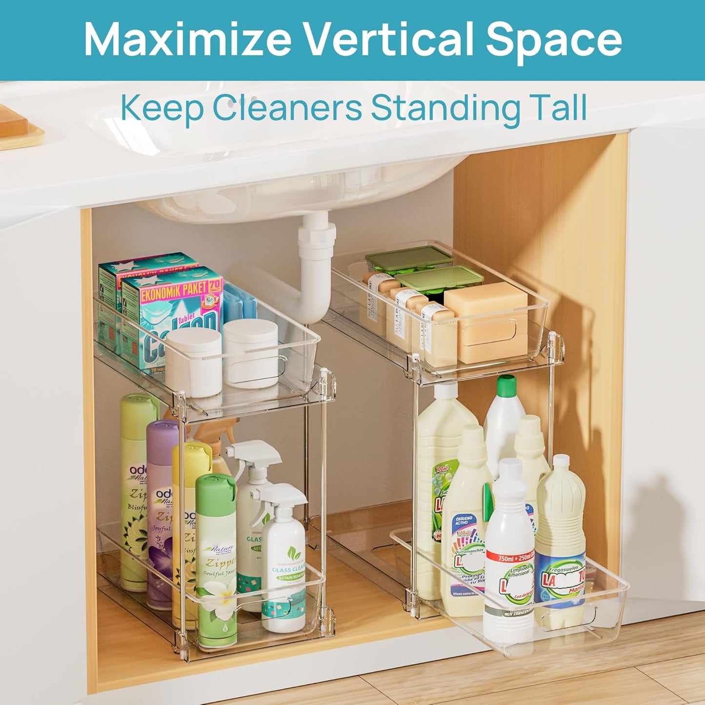 Vtopmart 4 Pack Bathroom Organizer, 2 Tier Clear Under Sink Organizers Vanity Countertop Storage Container,Cabinet Drawers Bins, Pull-Out Organization with Track for Pantry, Kitchen
