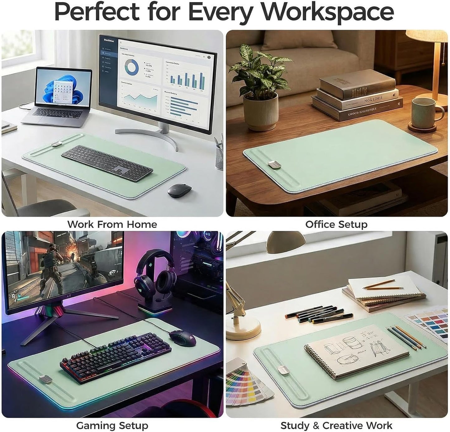 Desk Mat – Double-Sided Vegan Leather & Felt | Built-In Magnetic Cable Organizer & File Storage | Premium Workspace Pad for Office, Gaming & Creative Professionals-（Green）