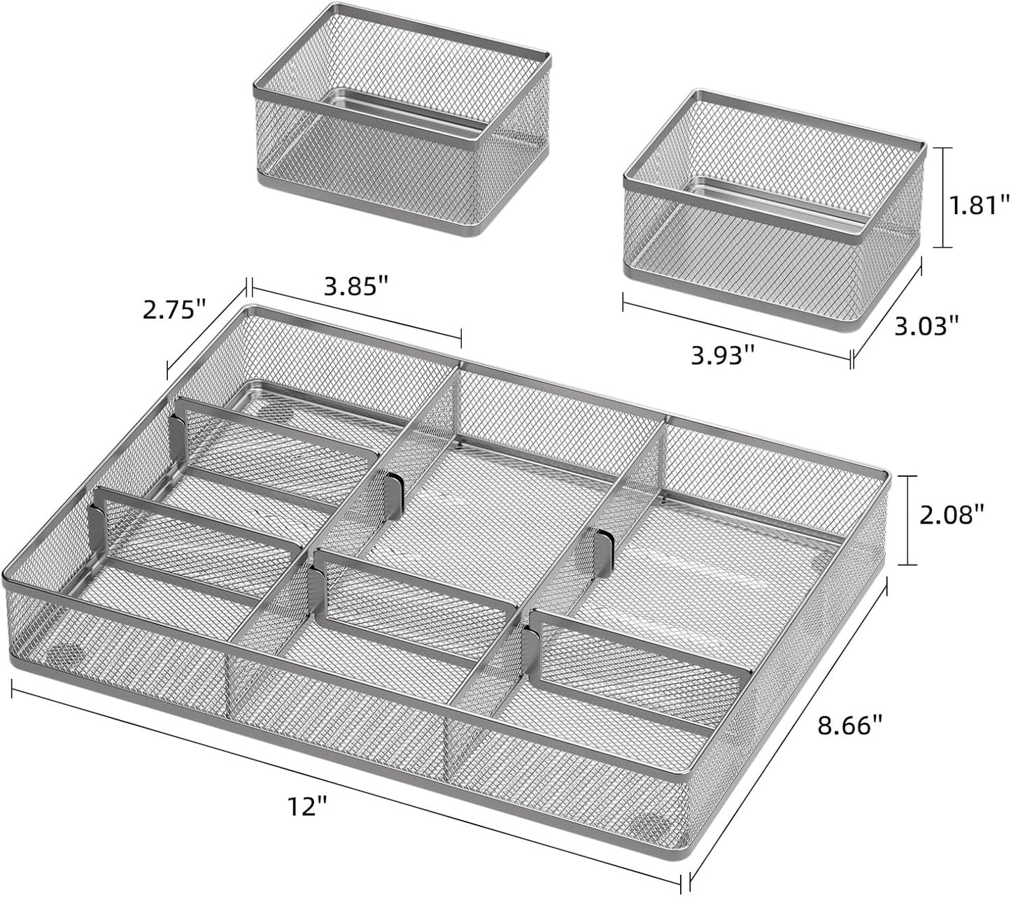 Marbrasse 3 Packs Desk Drawer Organizers, Metal Mesh Dividers Desk Drawer Organizer Tray with 9 Adjustable Compartments, Pen Organizer for Drawer Tray Box Accessories for Desktop,Kitchen, Makeup
