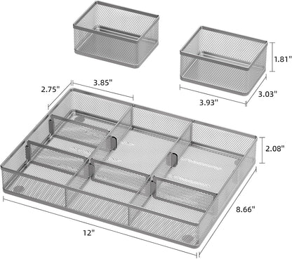 Marbrasse 3 Packs Desk Drawer Organizers, Metal Mesh Dividers Desk Drawer Organizer Tray with 9 Adjustable Compartments, Pen Organizer for Drawer Tray Box Accessories for Desktop,Kitchen, Makeup
