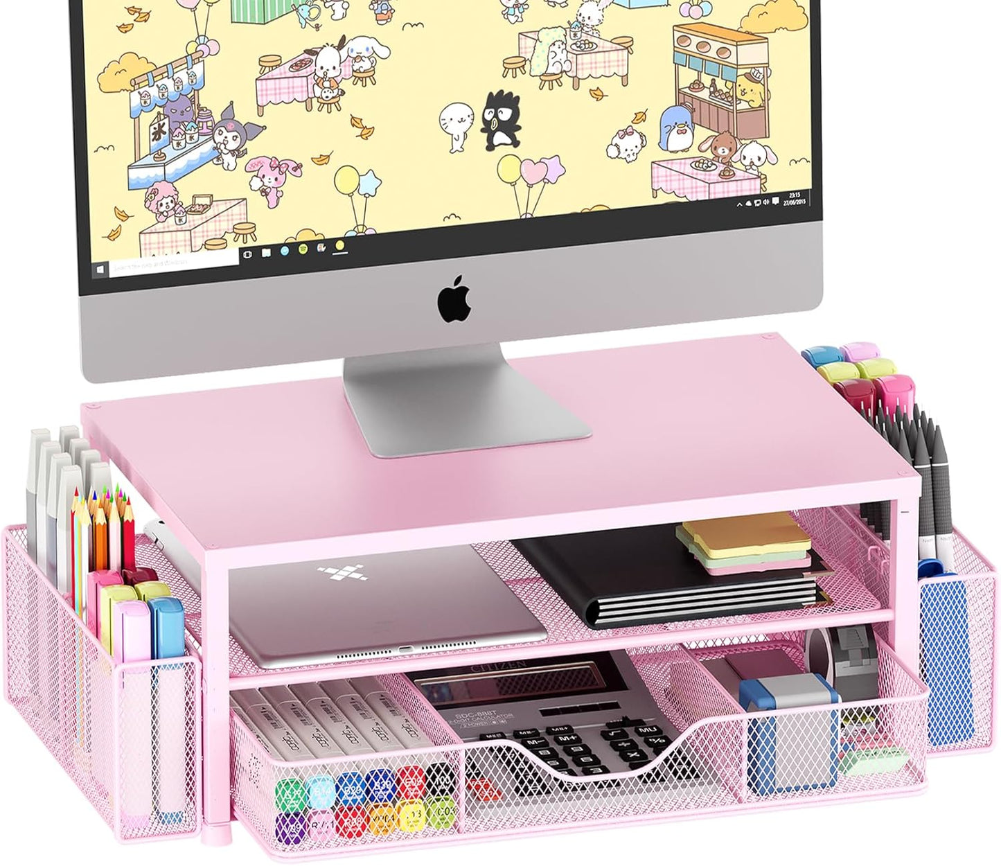 OPNICE Desk Organizer and Accessories, 2-Tier Computer Monitor Stand Riser with Drawer and 2 Pen Holders, Laptop Stand, Office Desk Accessories for Office Supplies, Black