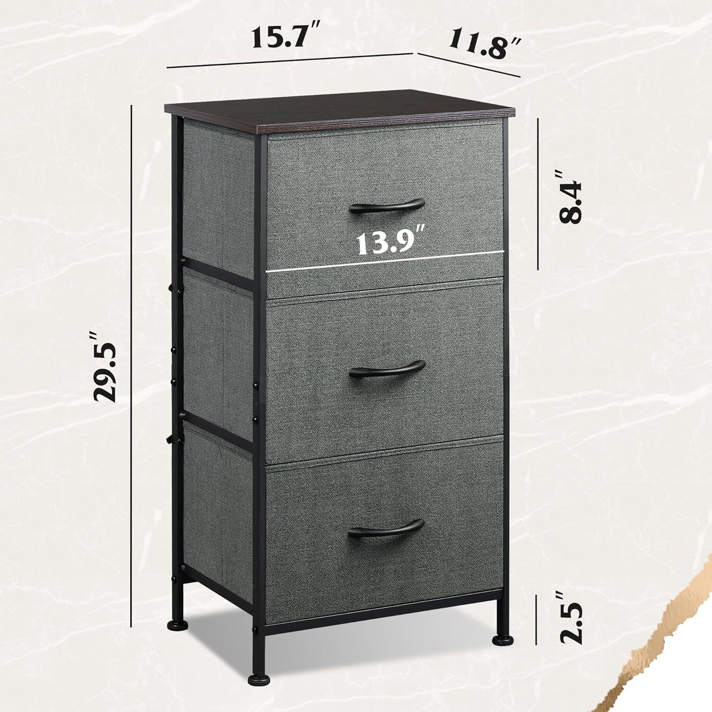 WLIVE Dresser with 3 Drawers, Fabric Nightstand, Cabinet with Wheels, Organizer Storage Dresser for Bedroom, Office, Entryway, Closets, Sturdy Steel Frame, Wood Top, Easy Pull Handle, White