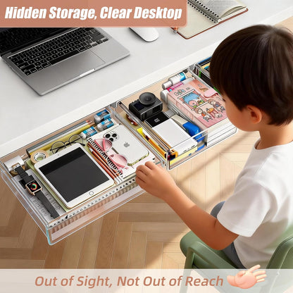 TooCust 3 Pack Under Desk Drawer Slide Out Storage Organizer, Clear White 3 Sizes (S/M/L), Dual-Mount Hidden Table Tray for Tablets, Planners & Office Supplies