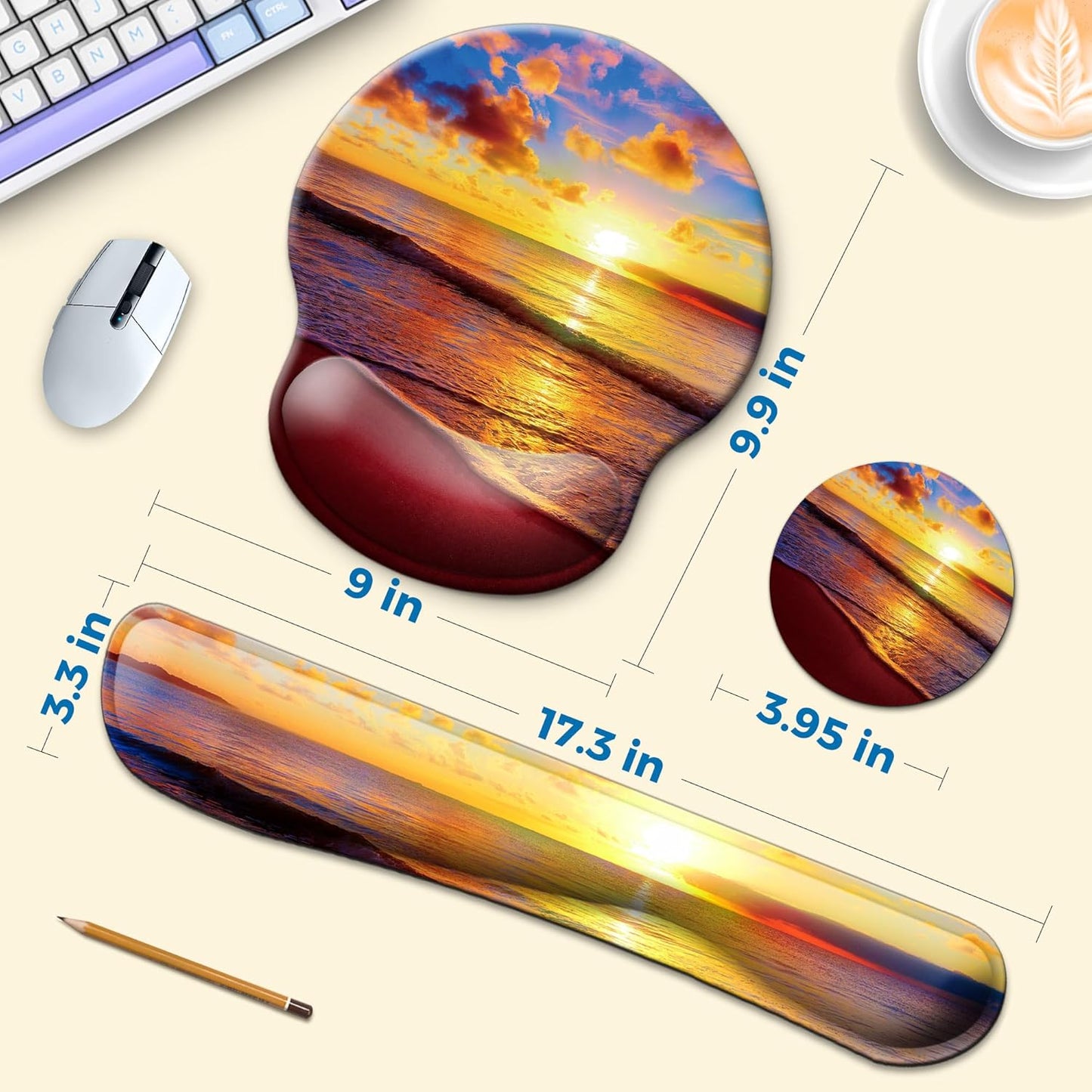 Mouse Pad and Keyboard Wrist Rest Support, with Non-Slip PU Base,Gel Mouse Pad with Coaster,Pain Relief for Gaming, Computer,Office -Beach