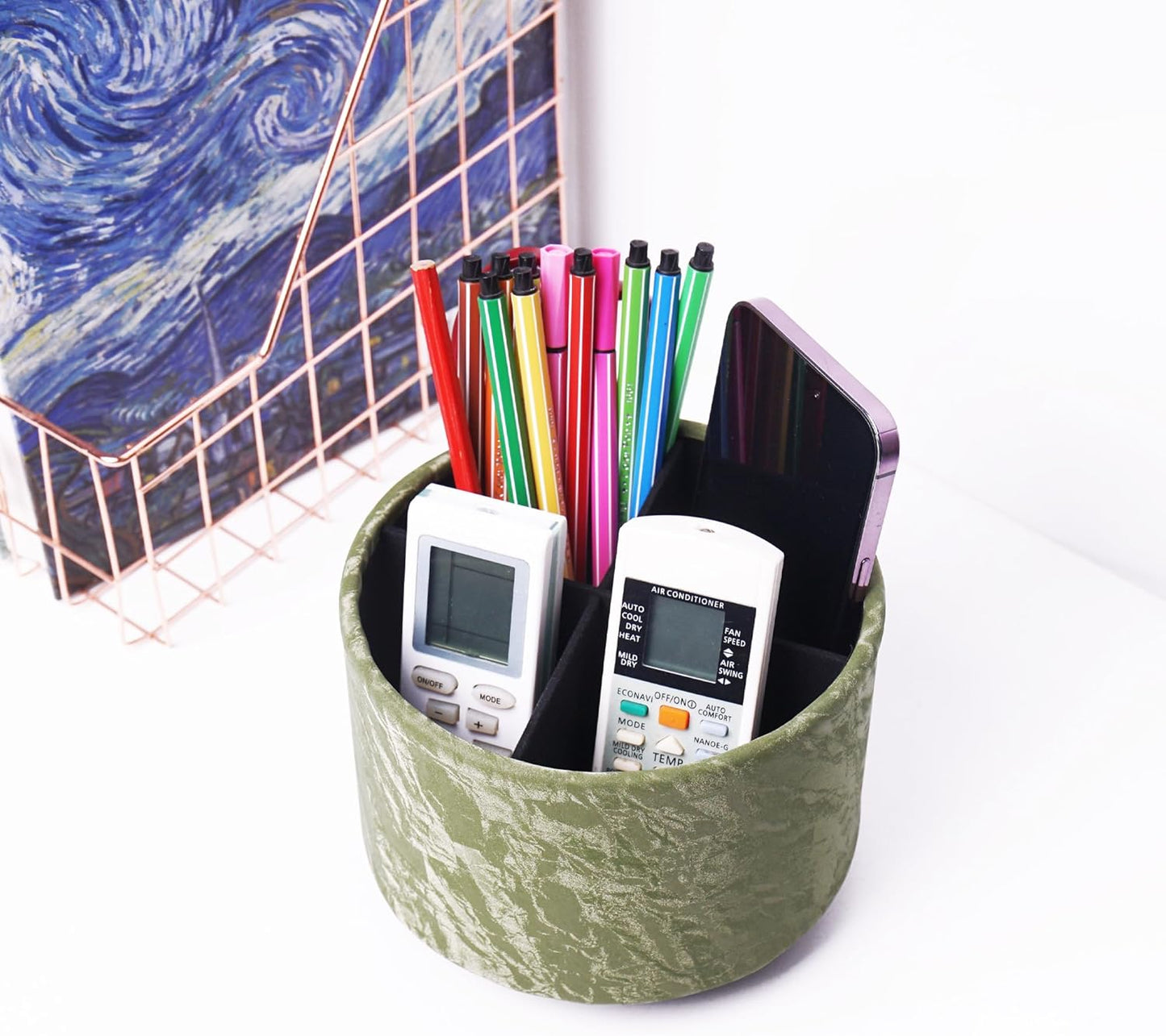 Hennaja Round Leather Art Supply Organizer,Remote Control Holder,360 Degree Rotating,Multi-Functional Pencil Holder,4 Compartments Desktop Stationary Organizer(1-Blue Bird) - Colors A