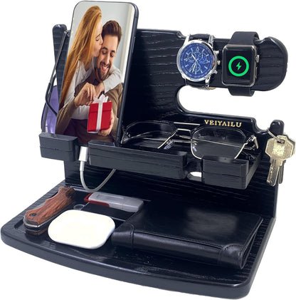 VEIYAILU Gifts for Men Women Dad Husband Boyfriend Wood Phone Docking Station Nightstand Organizer for Men Birthday Gifts (Dark Brown)