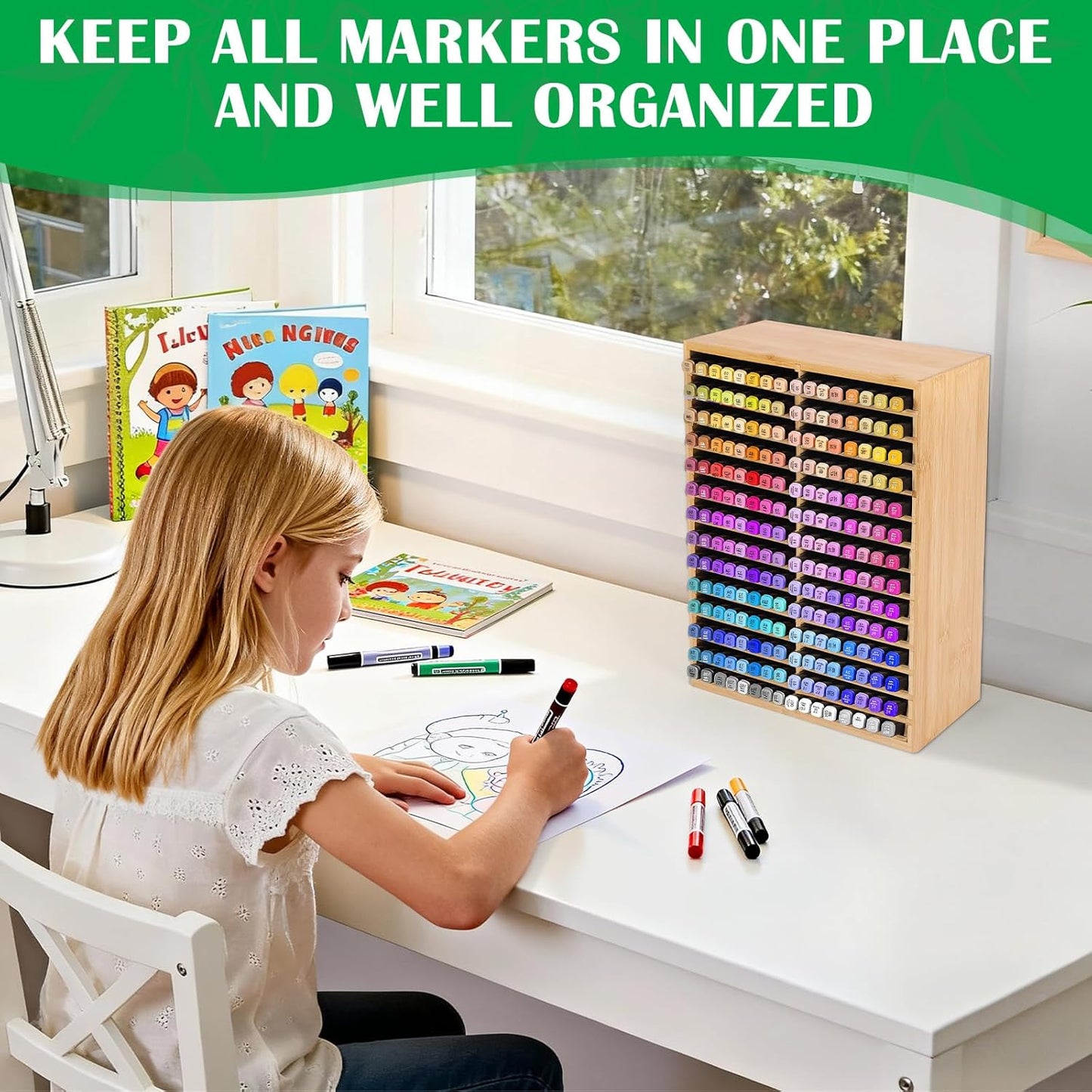 Bamboo Marker Organizer for 224 Markers, Alcohol Marker Storage Organizer with 28 Compartments, Desktop Marker Holder for Art Markers, Brush Pens, Pencils