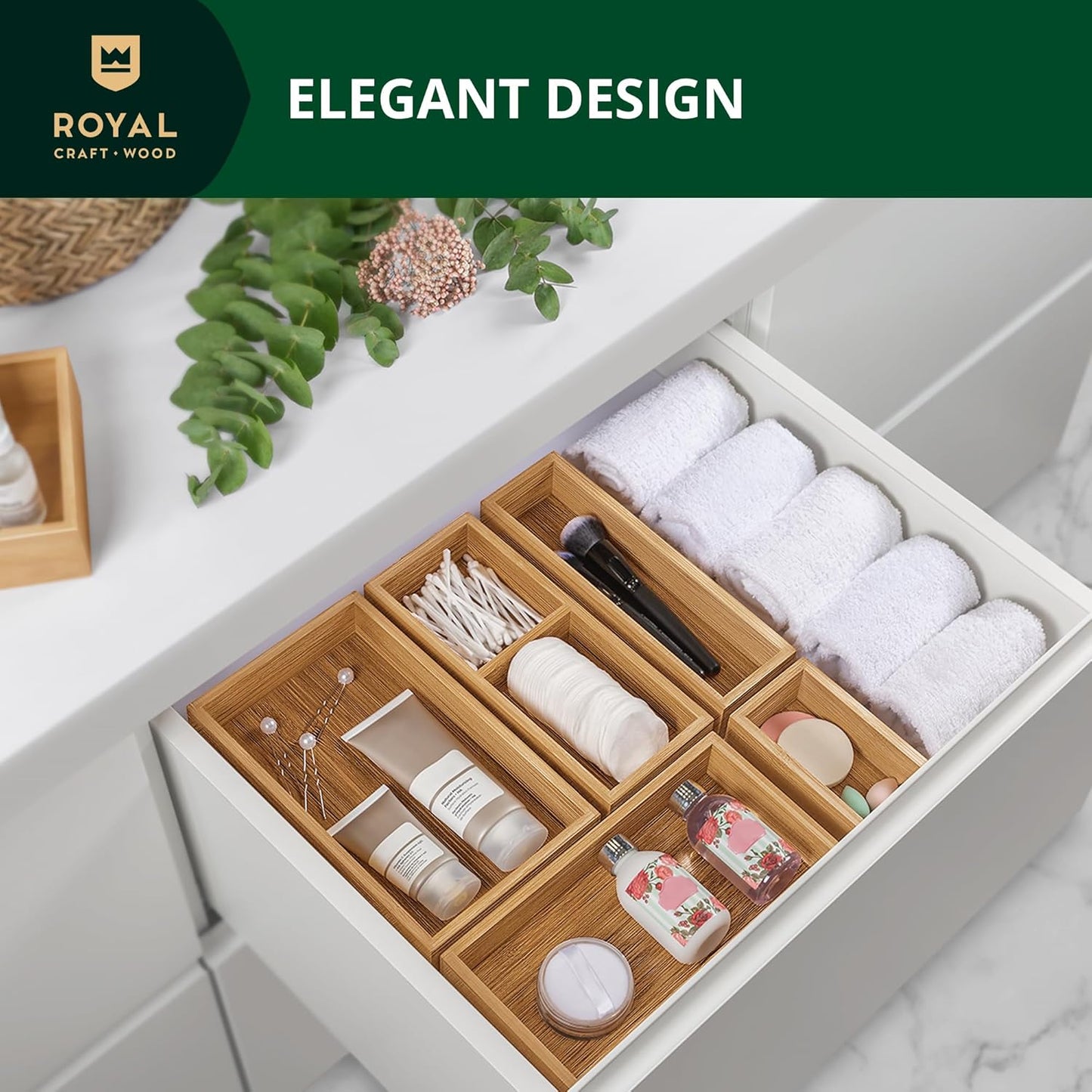 ROYAL CRAFT WOOD 5-Piece Bamboo Drawer Organizer Set – Multi-Use Storage Trays for Kitchen, Bathroom, Office, Makeup, Jewelry & More – Junk Drawer Tray, Utensil Holder, Storage Box & Bin Set (5 Boxes)