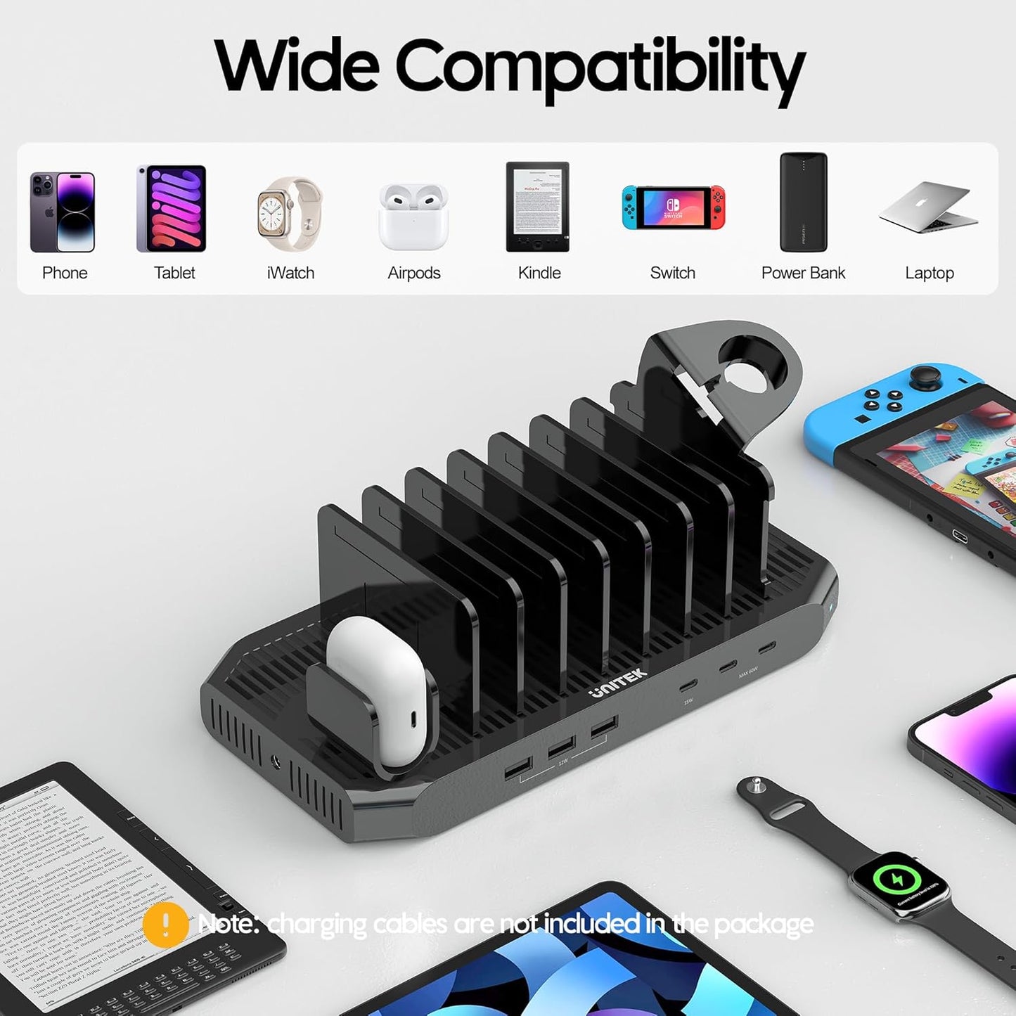 Unitek 10-Port Desktop Charging Dock Ultimate Charging Station for Multiple Devices, iPhones & Apple Products High-Speed USB Hub with LED Display for Office, Kitchen Counter, Desk Organizer