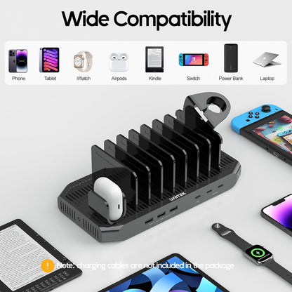 Unitek 10-Port Desktop Charging Dock Ultimate Charging Station for Multiple Devices, iPhones & Apple Products High-Speed USB Hub with LED Display for Office, Kitchen Counter, Desk Organizer