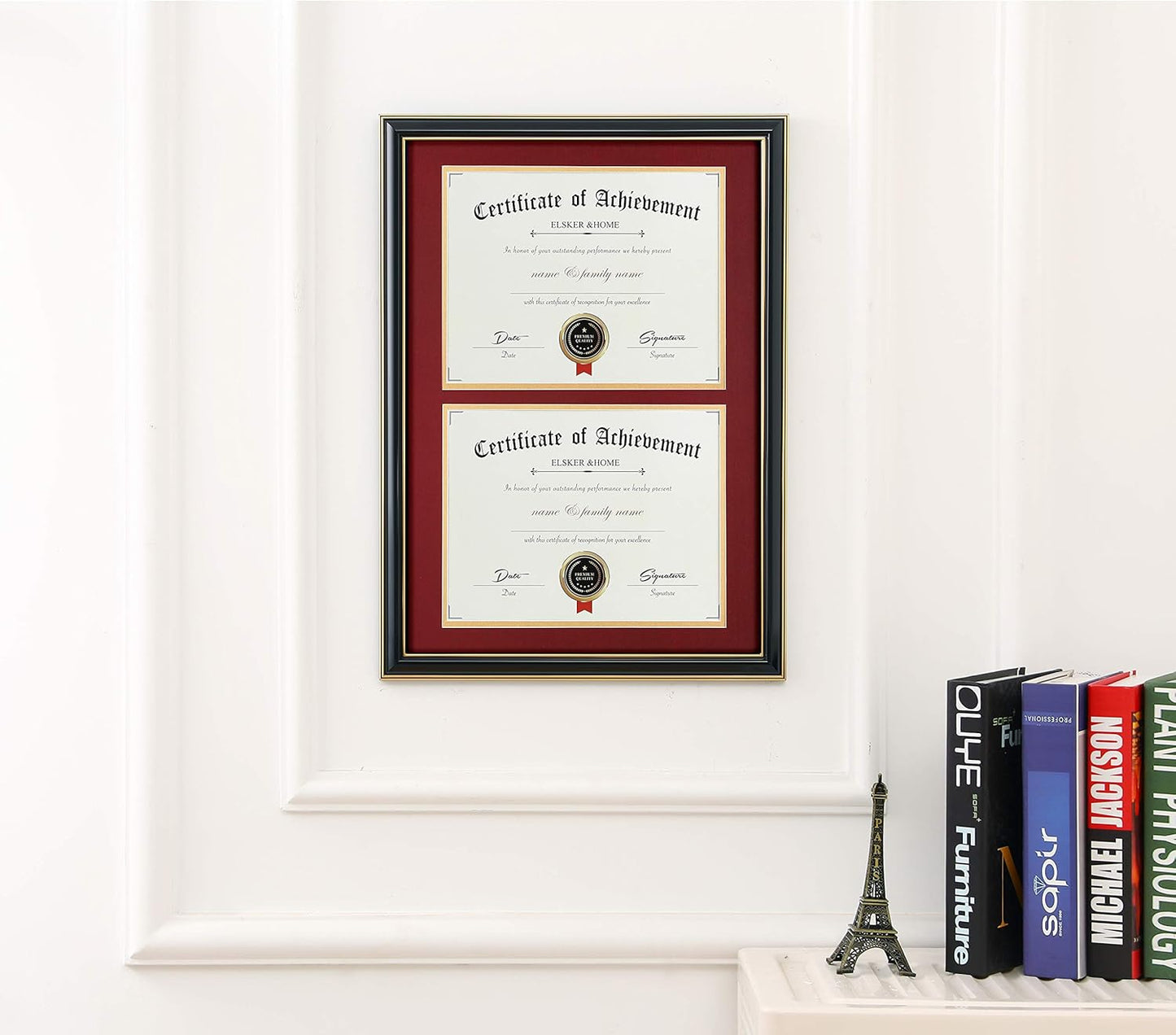 ELSKER&HOME Diploma Frame - Wide Solid Wood Frame - Black Velvet Golden Rim Mat - Semi-Tempered Glass - Includes Hanging Hardware and Desktop Easel(ONLY Display 11×14 Document/Certificate)