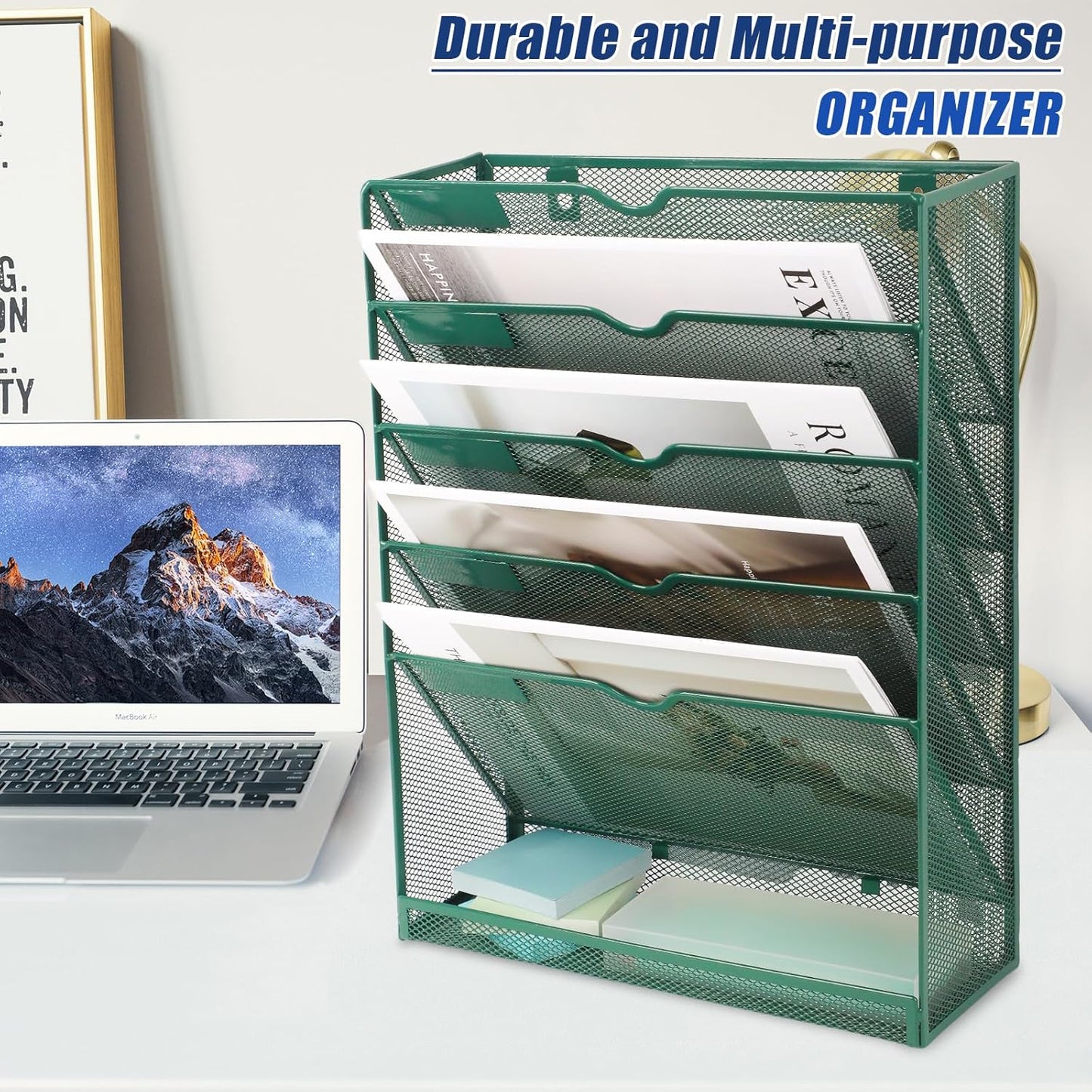 EASEPRES Desk File Organizer Mesh 6-Tier, Hanging Wall Mount Document Organization Stand, Desktop Vertical Mail Paper Folder Holder Rack with Bottom Tray for Office Home Cubicle Countertop, Black