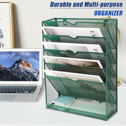 EASEPRES Desk File Organizer Mesh 6-Tier, Hanging Wall Mount Document Organization Stand, Desktop Vertical Mail Paper Folder Holder Rack with Bottom Tray for Office Home Cubicle Countertop, Black