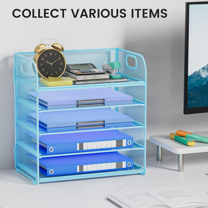 Paper Organizer Letter Tray with Handle, 5-Tier Black Stackable Desk Organizer with Metal Mesh, Sturdy Paper Tray for Office Desk, Home & Classroom Supplies Storage