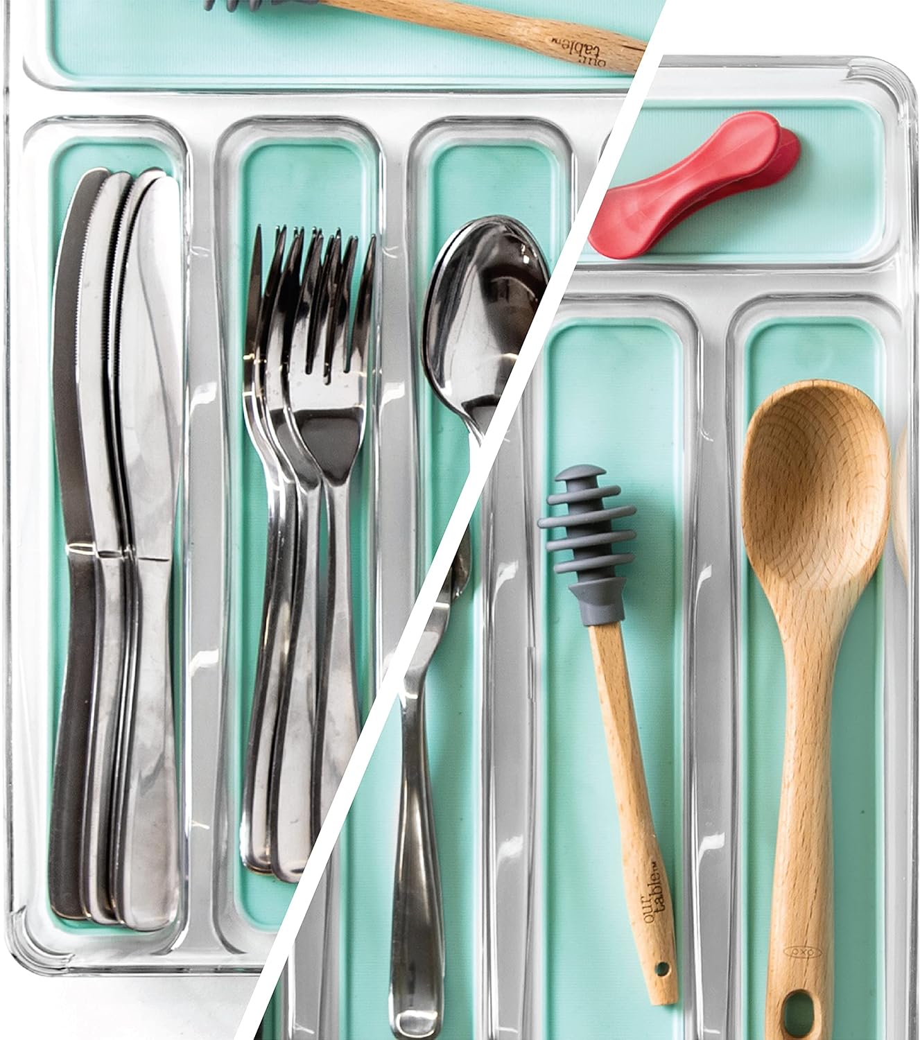 BINO 5-Slot Silverware Organizer for Drawer | Plastic Utensil Kitchen Drawers Tray Organization w/Grip Lining (Light Grey)