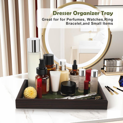 Zosenley Wooden Valet Tray with Leather Base - Nightstand Catchall Organizer for Cologne, Perfume, Keys, Wallet, Phone, Watch, Jewelry & Sunglasses (Black)