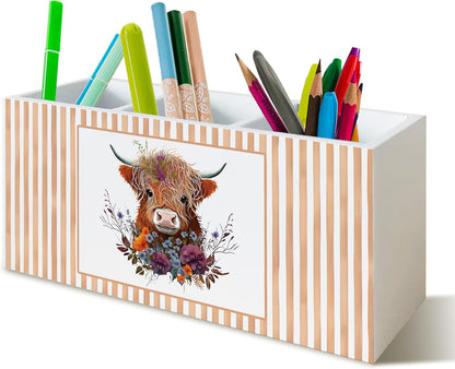 Trendy Funny Leopard Pen Pencil Holder Organizer for Desk, Cheetah Room Decor, Preppy Girly Y2k Aesthetic Cheetah Wooden Box Block Sign for Home Office Tabletop Decor