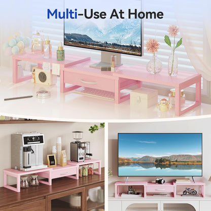 Dual Monitor Stand Riser, Desk Organizers and Accessories with Drawer, Computer Monitor Stands for Desk, Adjustable Desktop Shelf for PC Laptop Printer TV, Black