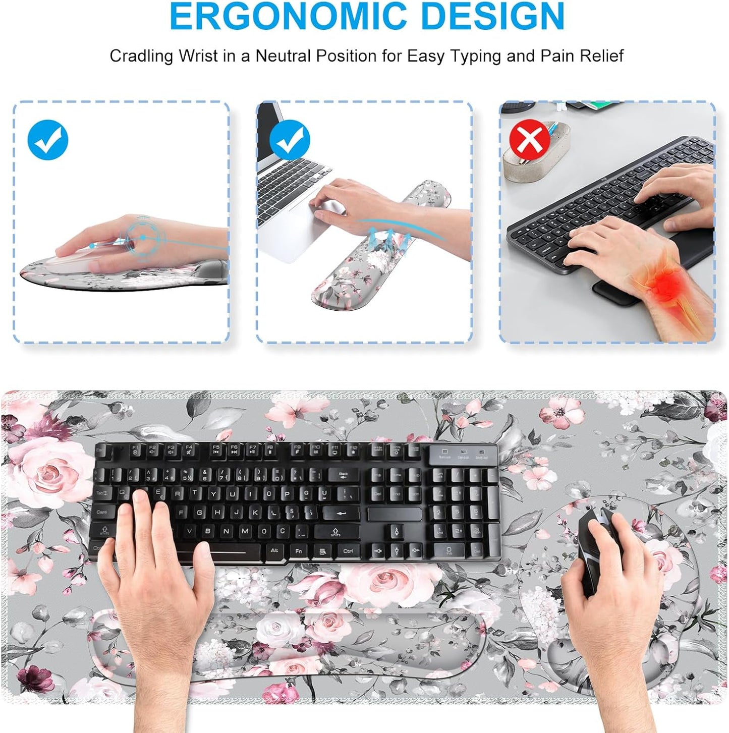 iCasso Desk Mat, Gaming Mouse Pad Wrist Support Set,4in1 XXL Large Mousepad + Keyboard Wrist Rest+Mouse Wrist Rest+Coaster Set with Ergonomic Design for Home Office Table Computer-Penoy