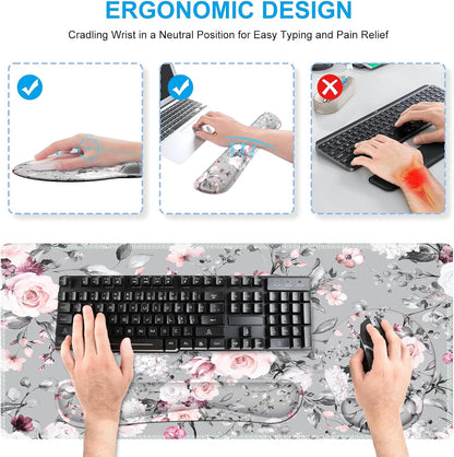 iCasso Desk Mat, Gaming Mouse Pad Wrist Support Set,4in1 XXL Large Mousepad + Keyboard Wrist Rest+Mouse Wrist Rest+Coaster Set with Ergonomic Design for Home Office Table Computer-Penoy
