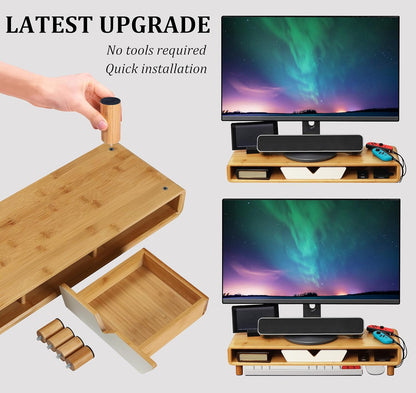 Homerays Monitor Stand with Drawer, Exquisite Computer Monitor Stand for Desk, Ergonomic Wood Monitor Stand Riser for Computer,Laptop,Printer,TV,Bamboo,White
