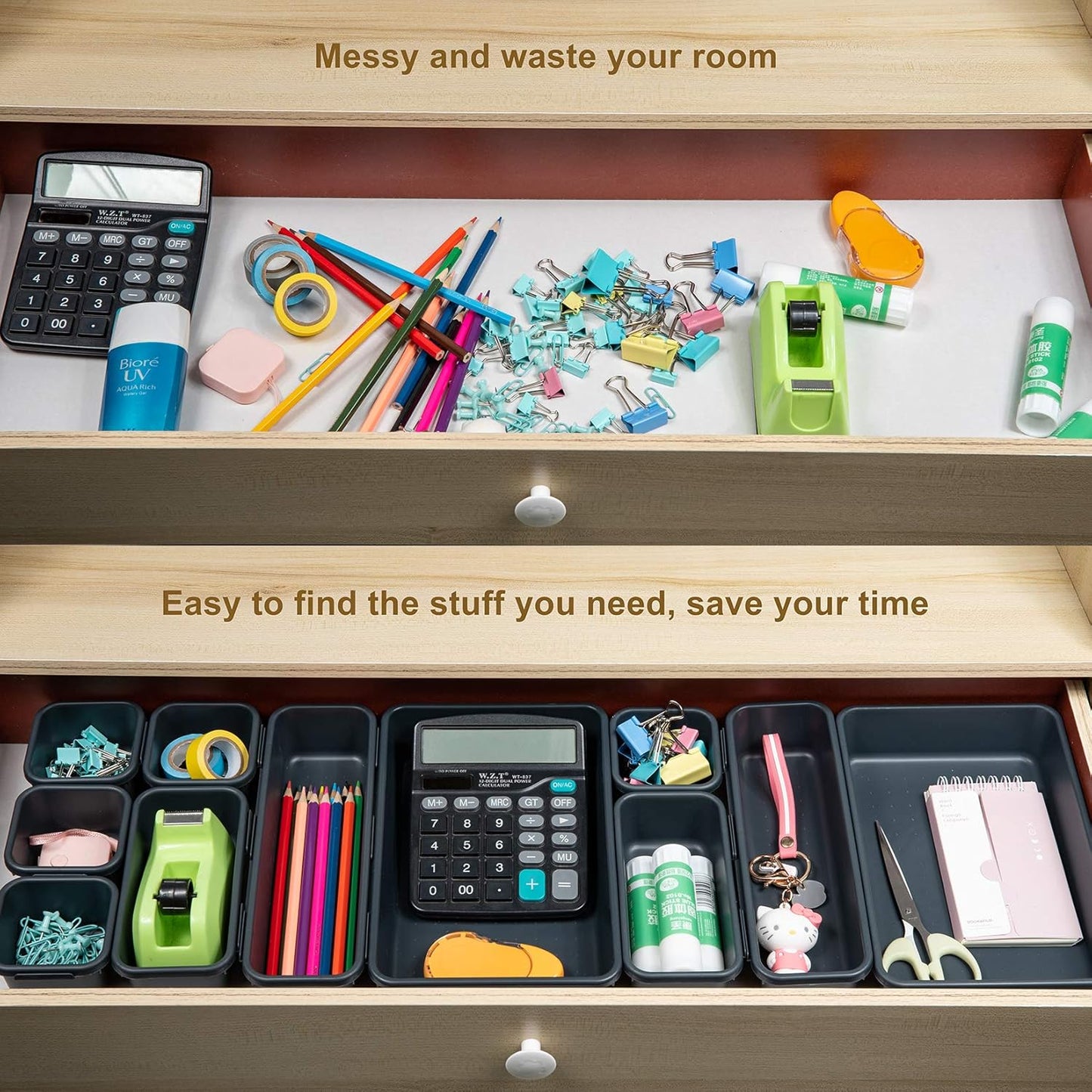 Gonice 13 PCS Drawer Organizer Tray, Interlocking Office Desk Drawer Storage, Black Plastic Organizer Bins for Office Supplies and Tools, Desk Drawer Organizer for Bathroom and Kitchen