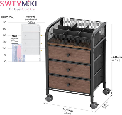 SWTYMIKI Rolling Makeup Organizer Cart - Under Desk Vanity Makeup Storage with 3 Non-woven Drawers, Nail Cart Organizer Cosmetic Display Cases Cabinet for Skin Care Perfume Nail Polish Brush Hair Tool