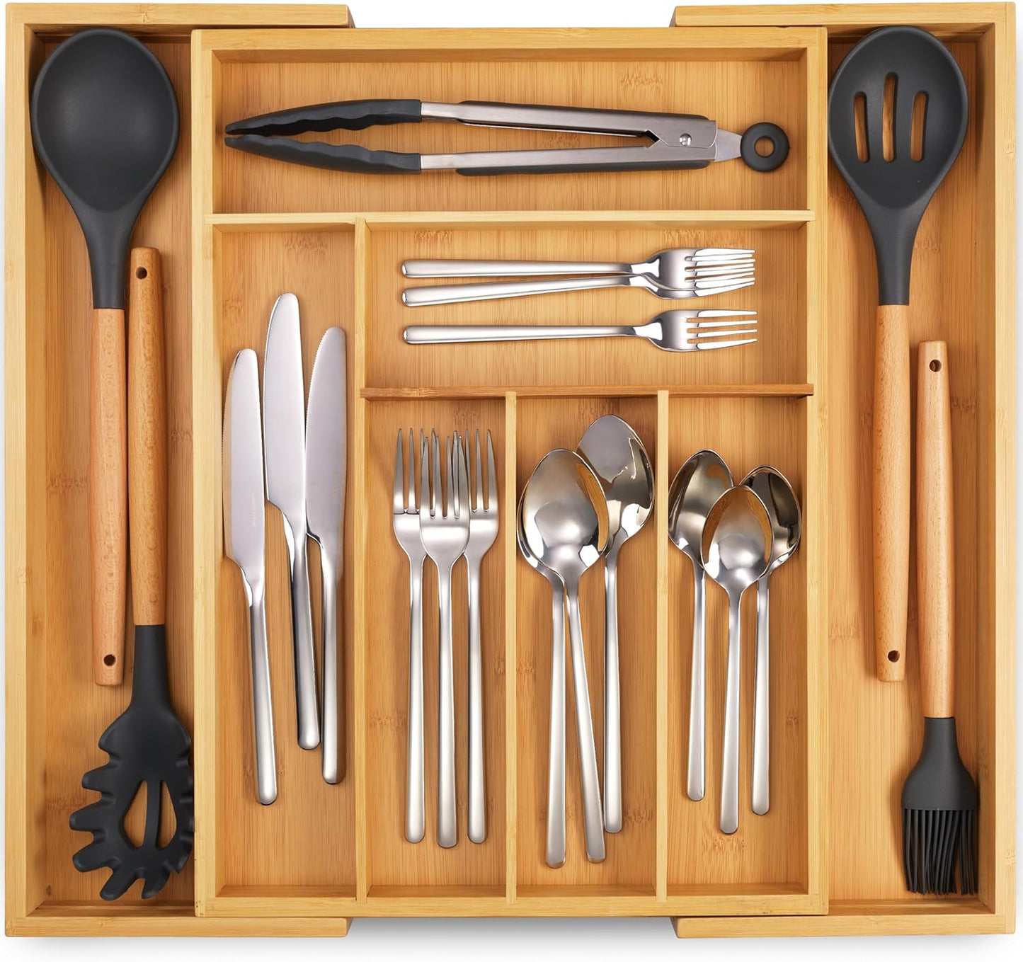 Masirs Expandable Utensil Drawer Organizer - BPA-Free Plastic Clear Silverware Tray with Multiple Compartments - Non-Slip Cutlery Storage for Kitchen, Bathroom, or Office Drawers (Clear)