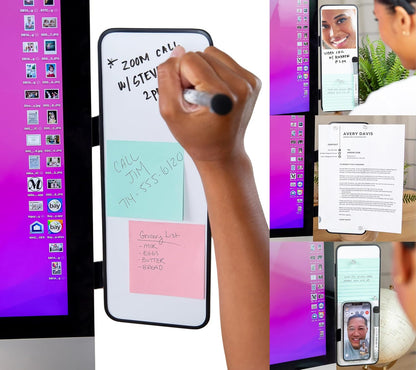 Removable Multi-Use Laptop and Monitor Memo Board; 11.8" x 4.3" Magnetic Whiteboard, Gray Brackets, Marker, Mirror, and 4 Magnets Included; Document Holder; Small Dry Erase Board; Sticky Note Holder