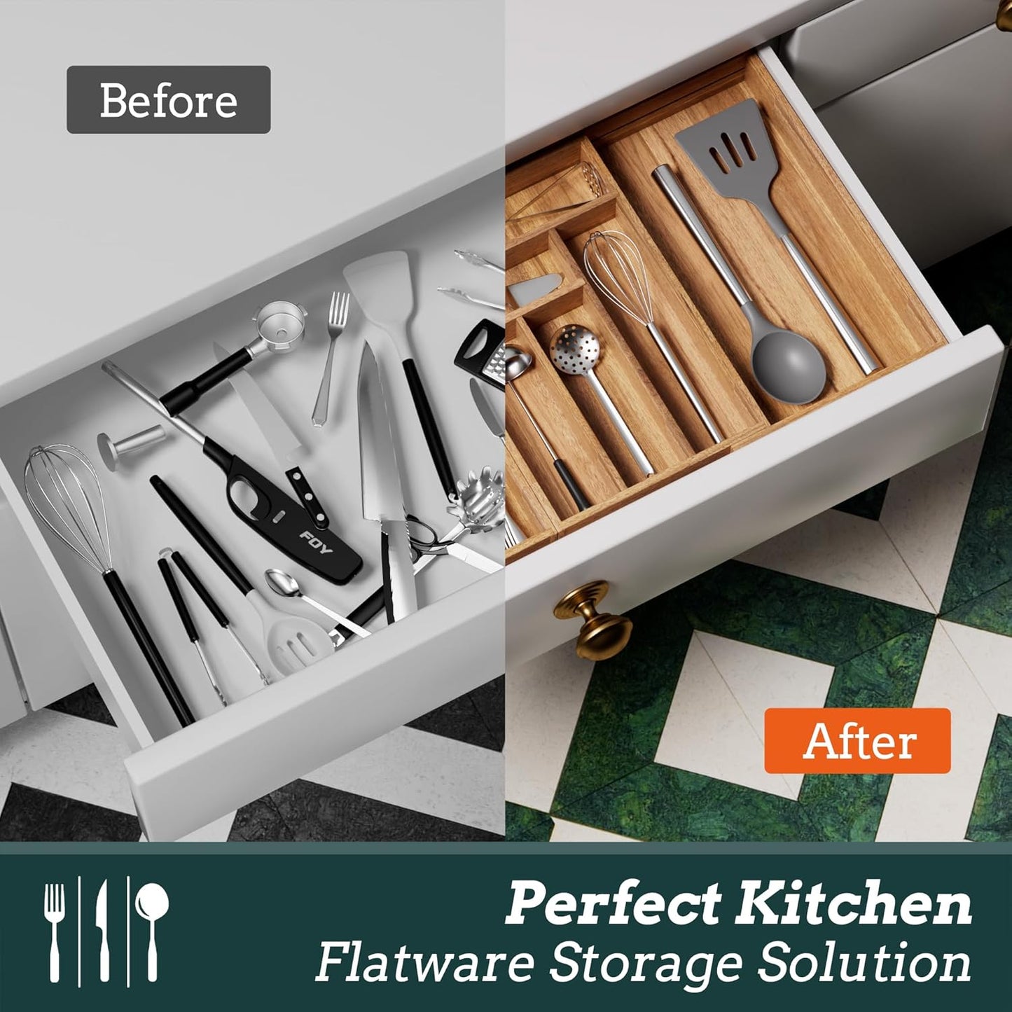 Silverware Organizer Large, Magnetic Connected Expandable 13 Slots Silverware Drawer Organizer From 21 to 37.4 Inches, Adjustable Flatware and Cutlery Holder, Bamboo Utensil Tray for Kitchen Natural