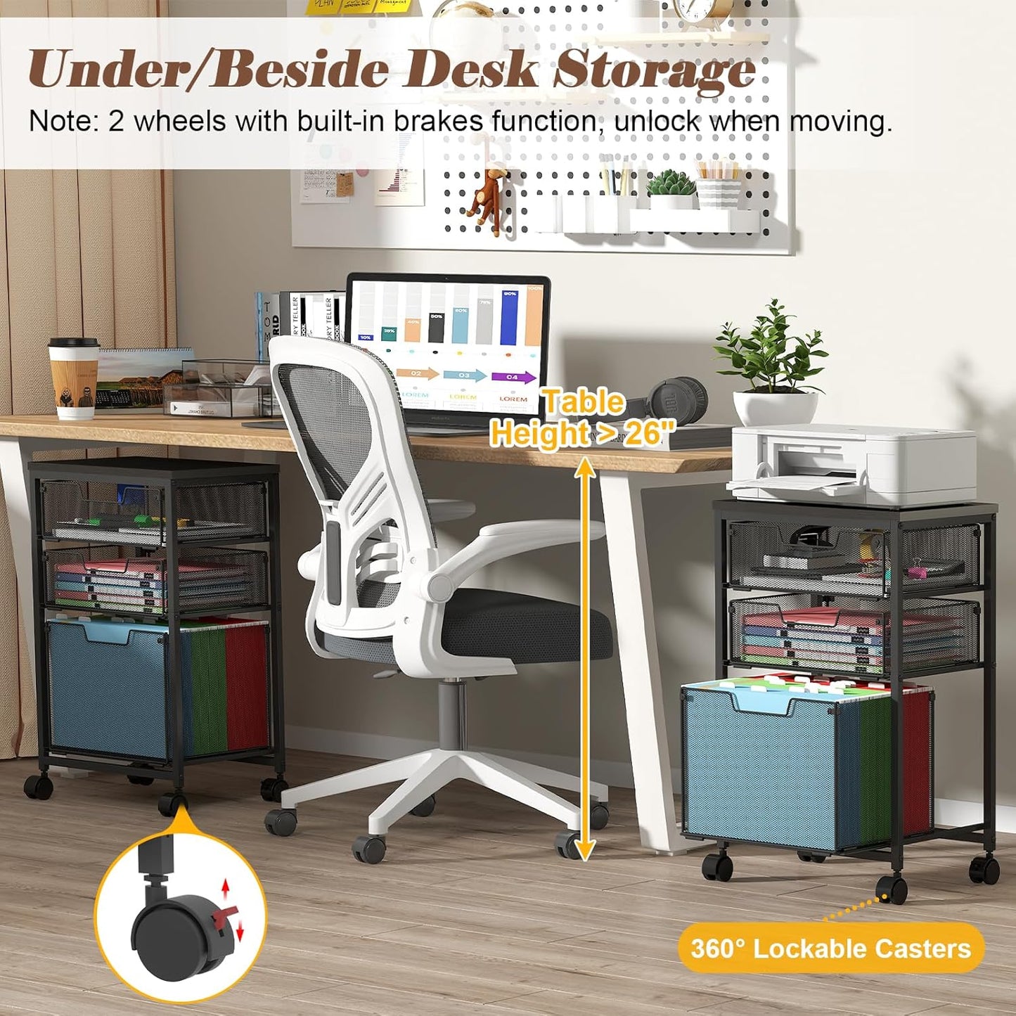 Sbanmao Rolling File Cart with 2 Storage Drawers, Mobile File Cabinet with Wheels, Hanging File Folder Organizer, Under Desk Storage, Printer Stand Utility Cart Filing Cabinet for Home Office,Black