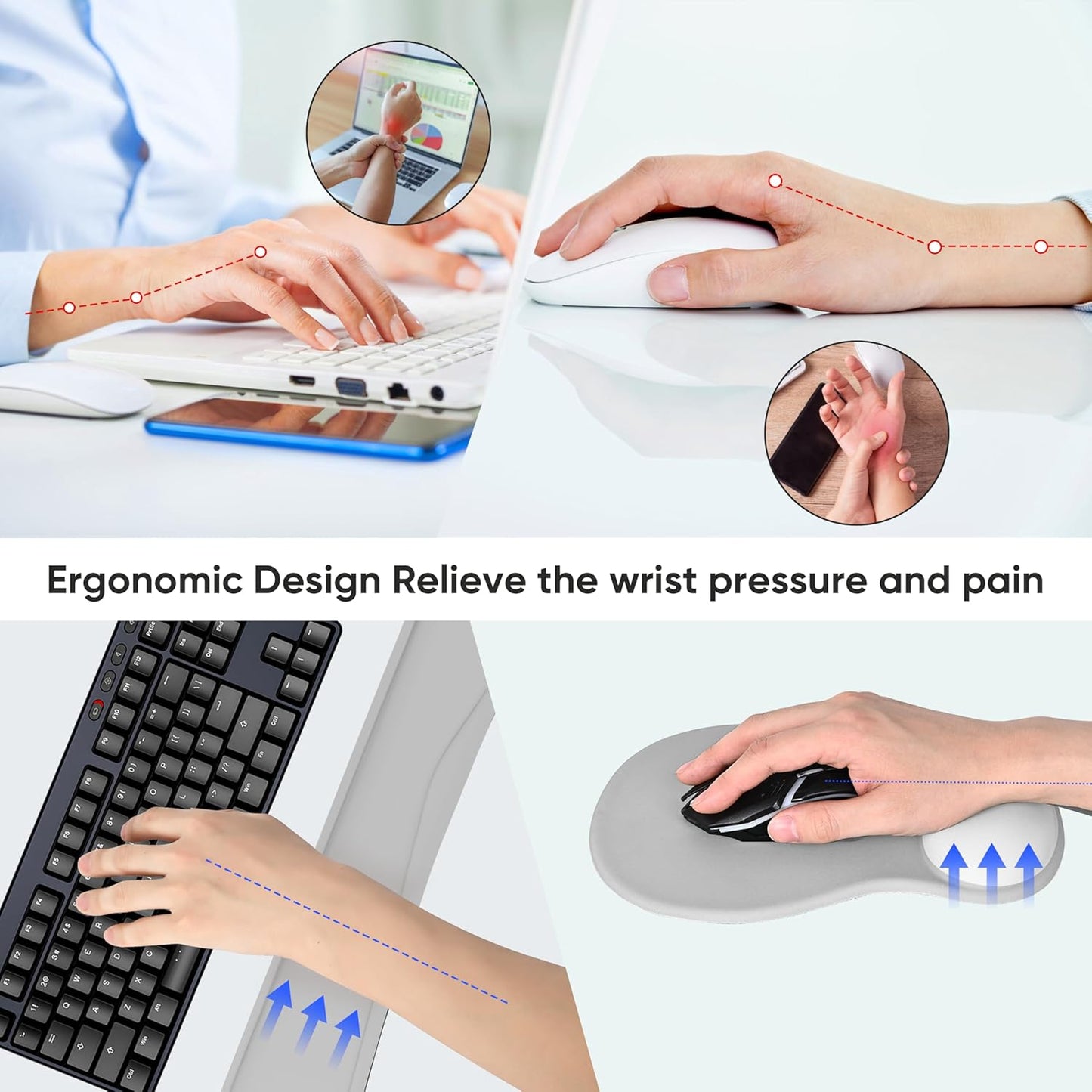 Wrist Rest Support for Mouse Pad Keyboard Set Circle Coaster Gaming Mouse Pad Ergonomic Gel Memory Foam Set for Computer, Laptop, Office, Pain Relief, Comfortably Typing Flowers KM-39