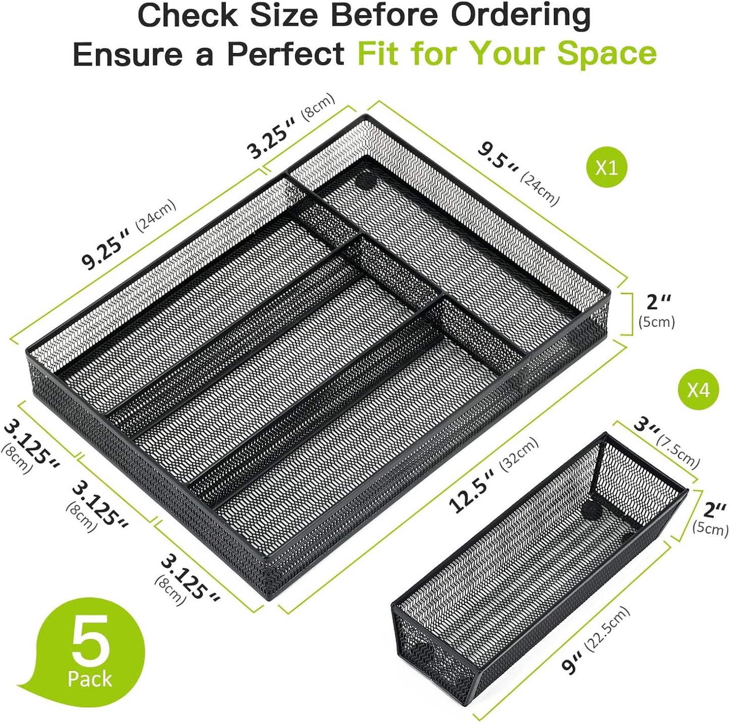 Neudeco Drawer Organizer Set 6 Pack - 5-Compartment Silverware Organizer Tray + 5 Utensil Trays, Kitchen Drawer Organizer for Flatware, Cutlery, Office Supplies, Black Mesh, Non-Slip.
