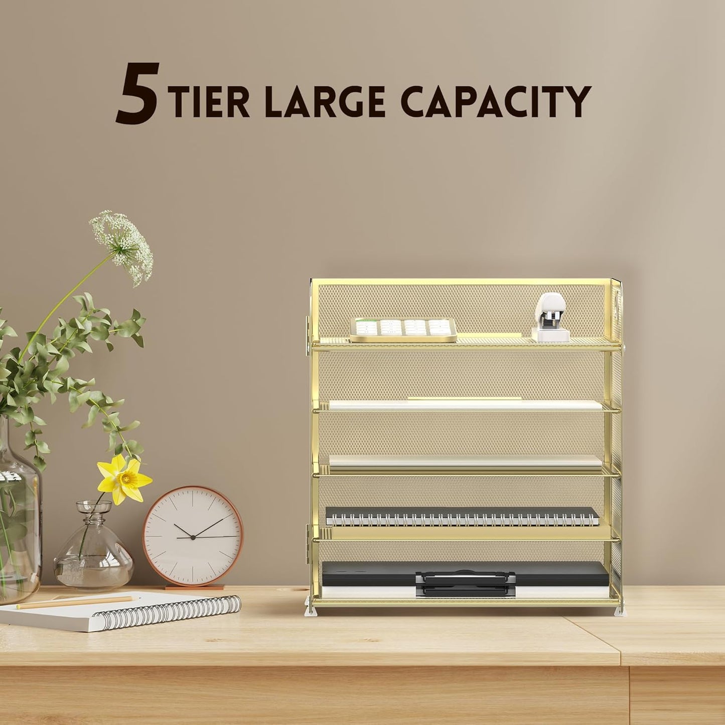 Supeasy 5 Trays Paper Organizer Letter Tray with Handle-Mesh Desk File Holders, Paper Sorter Desk Organizer for Office, Home, Classroom or School, White