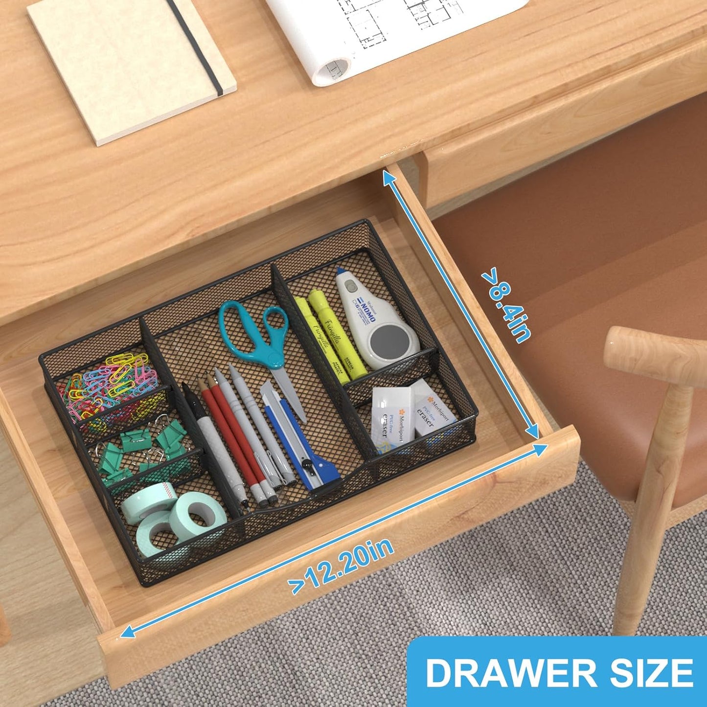 VyGrow Desk Drawer Organizer Tray, Metal Mesh Drawer Organizers Office, 6 Adjustable Compartment, Desk Organizer Tray for Home Office 12.87L x 8.73D x 1.96H inch, Black, 1PC Medium