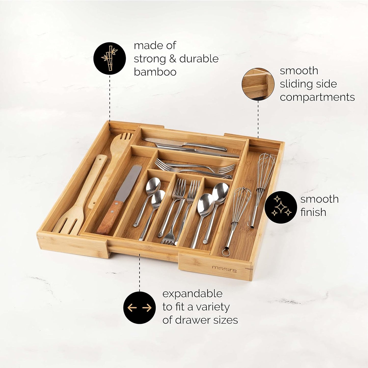 Masirs Expandable Utensil Drawer Organizer - BPA-Free Plastic Clear Silverware Tray with Multiple Compartments - Non-Slip Cutlery Storage for Kitchen, Bathroom, or Office Drawers (Clear)