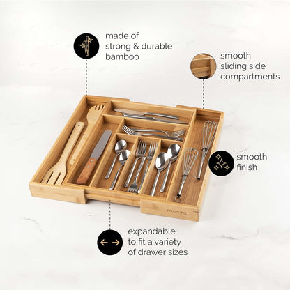 Masirs Expandable Utensil Drawer Organizer - BPA-Free Plastic Clear Silverware Tray with Multiple Compartments - Non-Slip Cutlery Storage for Kitchen, Bathroom, or Office Drawers (Clear)