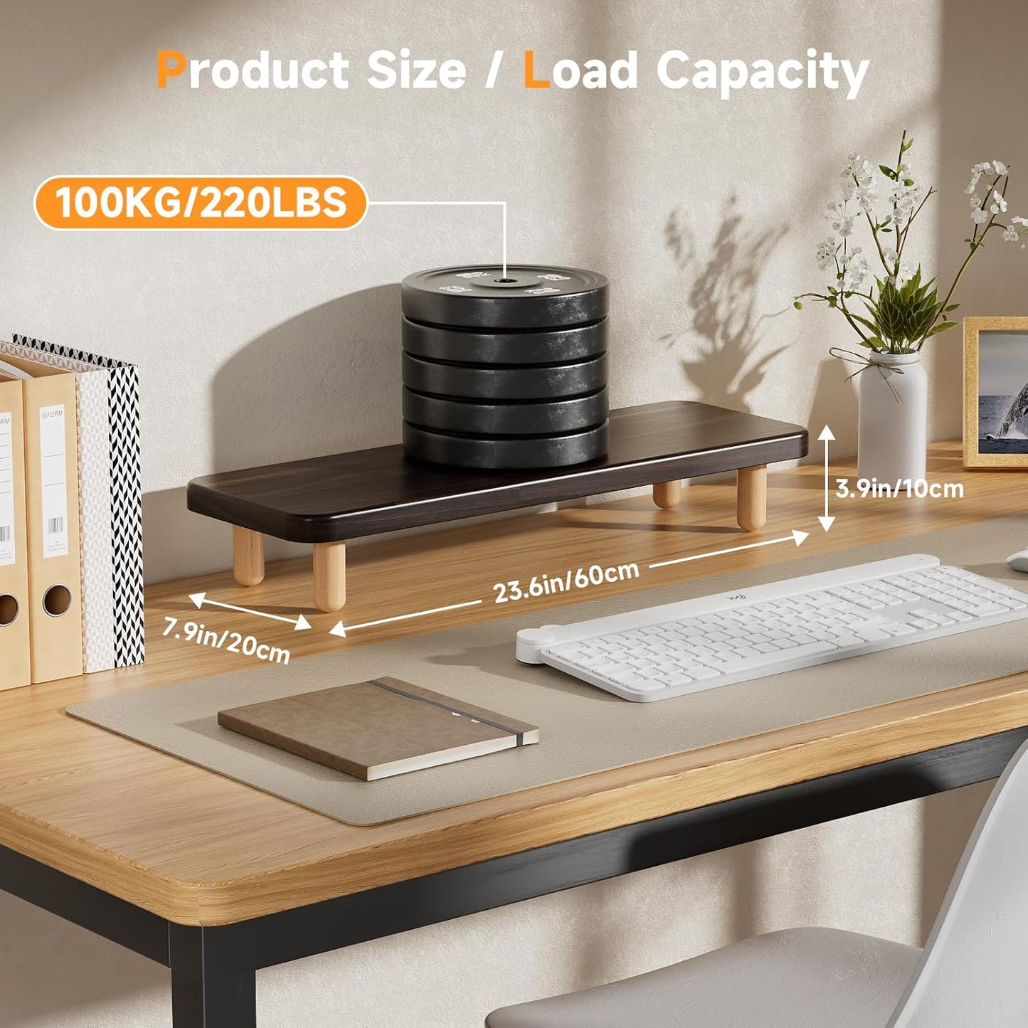 Monitor Stand Riser, 24 Inch Wood Desk Organizer with Monitor Stand & Storage Computer Monitor and Laptop Riser Multifunctional Laptop Stand Desk Organizer for Office Home Screen/Laptop/PC (Light Walnut)