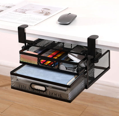 Sliding Under Desk Drawer Organizer No Drilling 2 Drawers Slide Out Desktop Or Under Table Storage Metal Clamp On Desk Drawer Attachment Anti-Slip Desktop Organizer for Home & Office, White