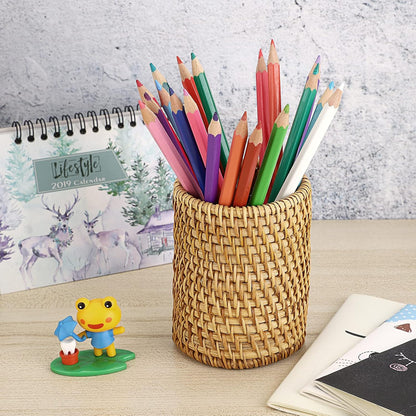BTSKY Rattan Pen Cup, Handmade Desk Pencil Holders Makeup Brush Holder Multi-Functional Woven Basket Office&Home Desktop Organizer(Cone)